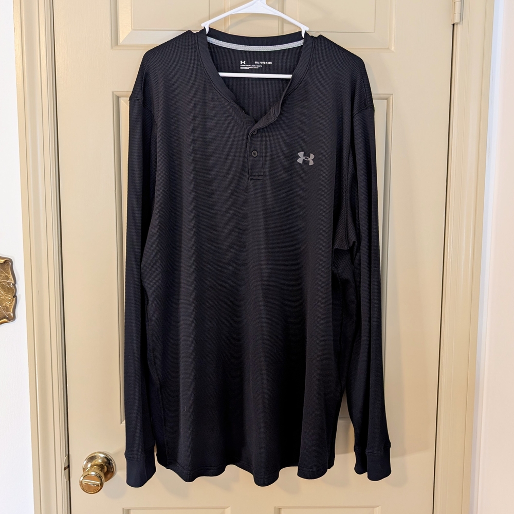 Under Armour Men's Henley Shirt Black Waffle Knit Long Sleeve Size 3XL